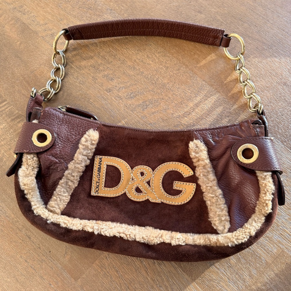 Dolce & Gabbana D&G Brown Leather & Shearling Shoulder Bag